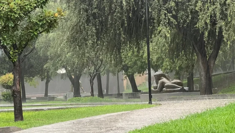 Registran encharcamientos y tráfico en Centro de Monterrey por fuertes lluvias